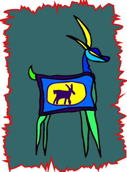 The image shows a cartoon of an antelope standing next to what appears to be a flag with a deer on it in front of a dark background that has some red streaks across it.