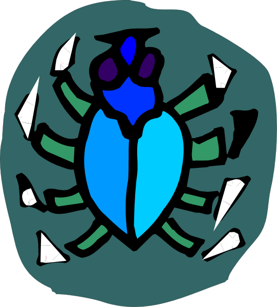 The image shows a stylized illustration of an insect with blue wings inside what appears to be a circular frame resembling a badge or emblem.
