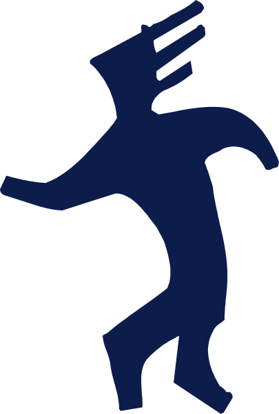 The image shows a stylized blue silhouette of an animal figure with two horns on its head against a white background that has stripes in shades of gray and brown at either end.