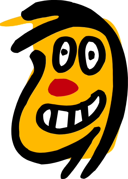 The image shows a cartoon of an animated face with exaggerated features such as large eyes and teeth, set against a plain background.