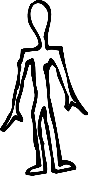 The black and white silhouette of an alien figure standing upright against a dark background with no other discernible elements present in this small clip-art image.