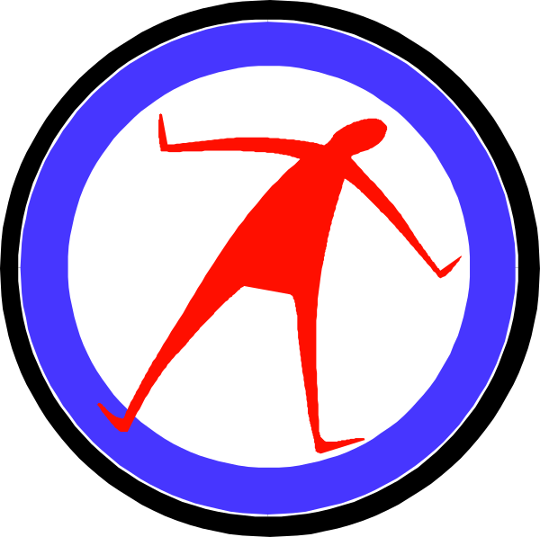 The image shows a black circle with two red arrows pointing at it from opposite directions; within this central blue area is an icon of a person walking in one direction while another arrow points to them as if indicating movement, and there's also a small circular symbol resembling a hand or finger.