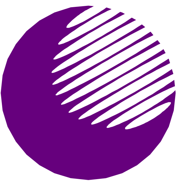 The image shows a purple circle with two concentric circles inside it on either side of an abstract design that resembles waves or lines radiating from each other in white color against a black background.