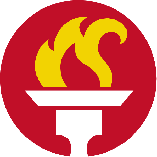 The logo features a stylized torch with flames on either side of it inside an Olympic rings symbol against a red background.