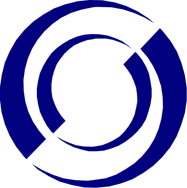 The image shows a blue circular logo with two overlapping rings forming an abstract design that could be interpreted as gears within each other against a black background on top of another similar but smaller circle in white at bottom right corner, suggesting it might represent some form of branding or corporate identity symbolizing unity and progression.