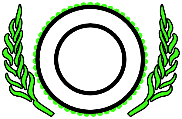 The image shows a logo with an emblem that resembles a shield featuring two laurel leaves on either side of it atop what appears to be a circular band; below this is another circle containing three dots, and beneath them there's a ribbon-like banner displaying the text "DESIGN BY" in capital letters. The background color behind these elements seems dark grey or black with white outlines for clarity.