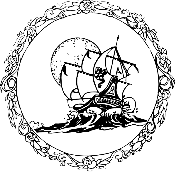 The black and white illustration features a stylized ship with sails on top of waves at sea within an oval frame adorned by decorative elements such as flowers around its border.