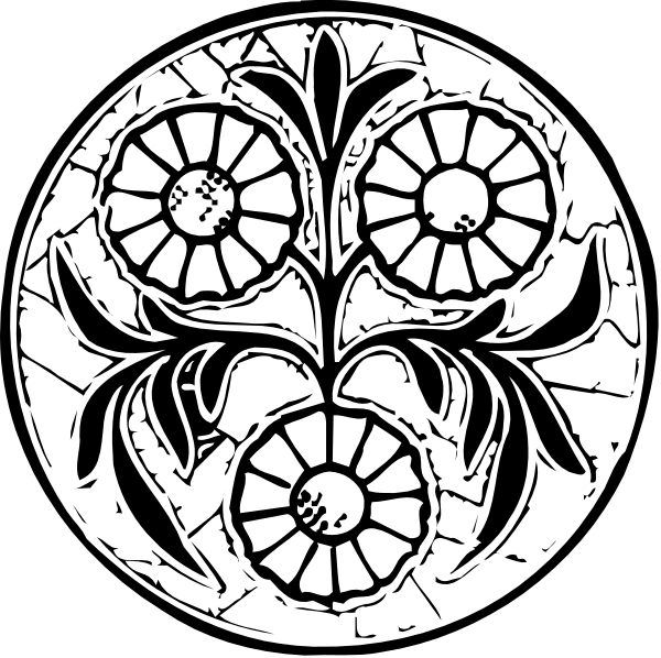 The black and white illustration features two stylized floral patterns with intricate designs resembling a decorative tilework pattern on one side of each image.