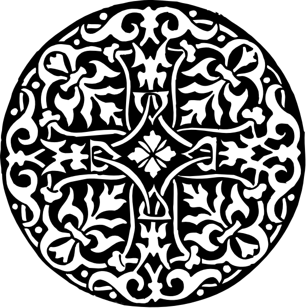 The black and white design features a symmetrical pattern with intricate details that resemble an emblematic crest or coat of arms motif in its center.