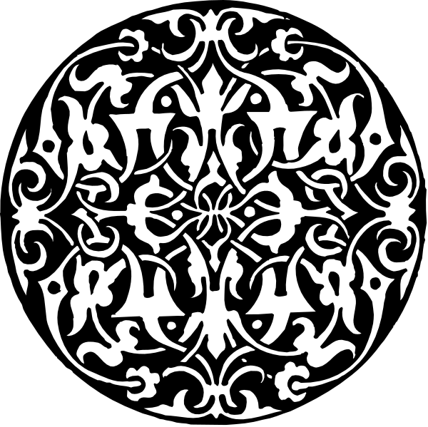 The black and white tattoo design features an intricate pattern of swirls with a central circular motif that resembles a flower-like shape surrounded by various geometric shapes such as triangles and squares, all interconnected in a symmetrical arrangement on what appears to be a dark background.