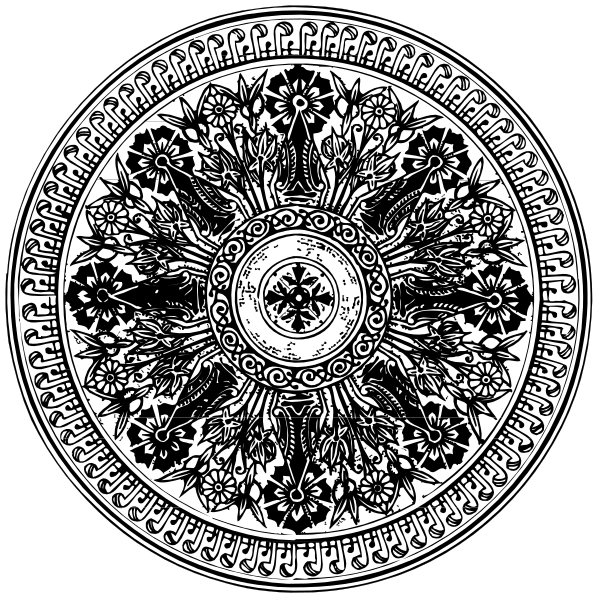 The black and white images show two circular designs with intricate patterns resembling mandalas; each has a central motif surrounded by symmetrical floral elements within concentric circles on dark backgrounds.
