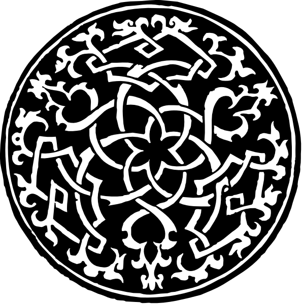 The black and white images show two different designs: on top left there's a circular pattern with intricate details resembling an emblem; below right is another design featuring interconnected shapes that could be interpreted as stylized flowers, leaves, or snowflakes within a larger circle.