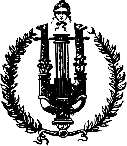 The black and white illustration features a classical stringed instrument with an intricate design on its body, resembling a violin, set against a circular background that includes laurel leaves at both ends of what appears to be a wreath-like border.