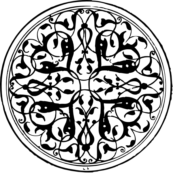 The black and white images show two different designs of circular patterns with intricate geometric shapes resembling stained glass windows; one has a symmetrical pattern while the other is more organic in nature but still maintains symmetry, both featuring elaborate scrollwork within their borders.