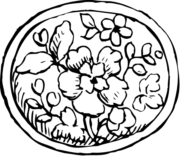 The black and white illustration shows a round plate with floral designs on it placed next to another similar object that has been cut in half horizontally revealing its interior design of flowers within.