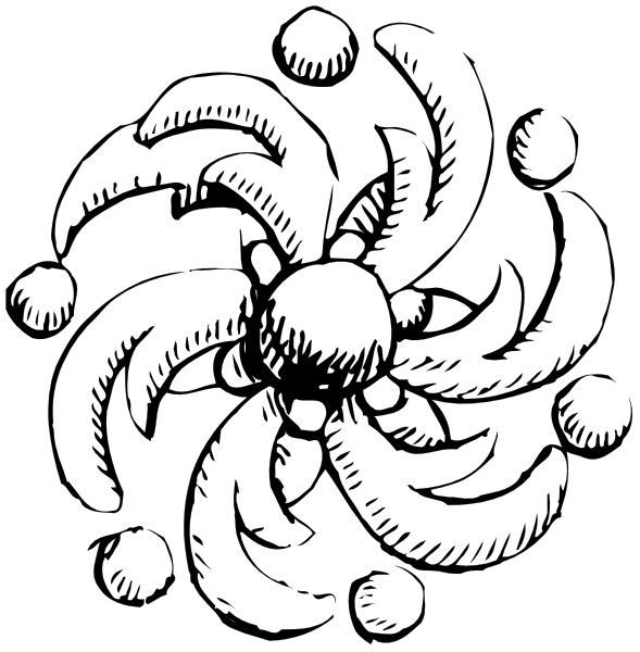 The black and white images show a sequence of two similar scenes with different characters: 1) A character holding an umbrella in one hand while another is floating above them; 2) Another character standing on top of what appears to be a rocket or missile, also surrounded by the same objects. Both are set against dark backgrounds and feature various items such as stars, planets, moons, comets, and possibly other celestial bodies in orbit around each figure's head.