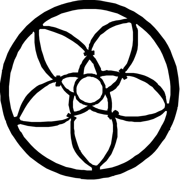 The black and white logo features a circular emblem with an intricate design resembling a flower at its center surrounded by eight petals that form a star-like pattern around it.