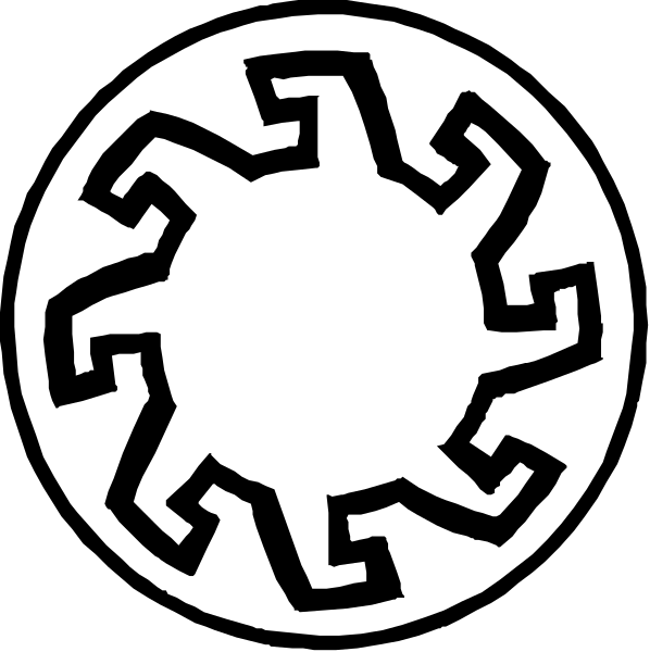 The images show two different designs: on top there's a black and white symbol resembling an eye with rays emanating from it; below is another image of similar design but in color featuring what appears to be stylized, interconnected lines or patterns within circles that could represent gears.