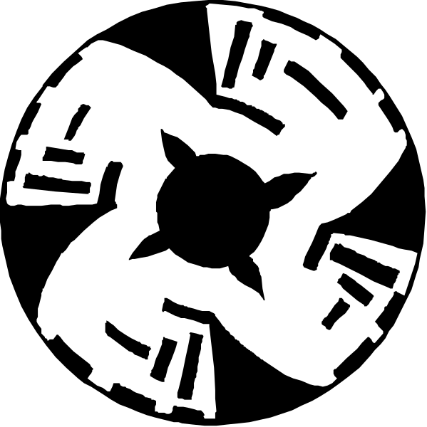 The black and white silhouette of a flower with six petals surrounding an inner circle containing what appears to be two smaller flowers at its center.