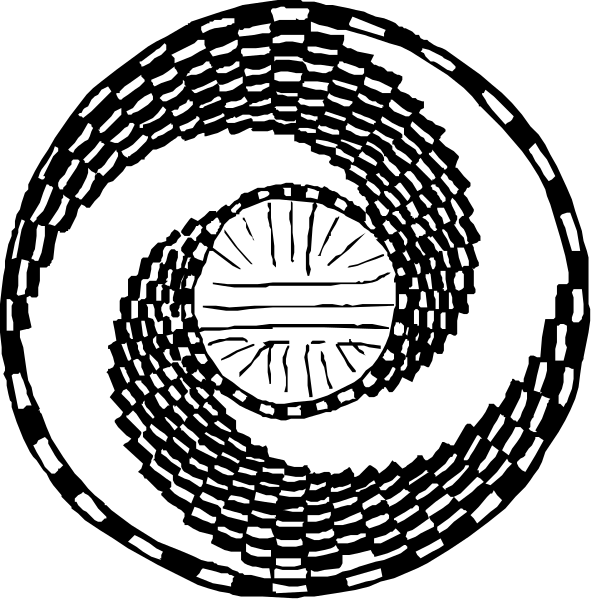The black and white illustration shows two circular patterns with a central spiral design; each pattern has an inner circle that resembles a sunburst radiating from its center to form concentric circles around it, creating intricate designs within both images.