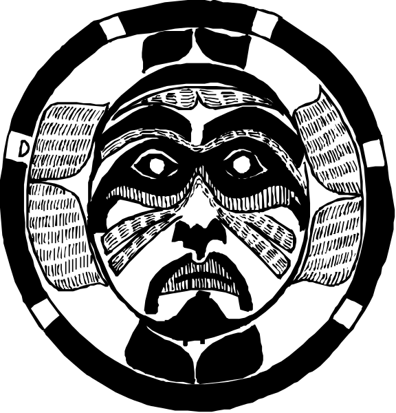 The black and white images show two different designs of a stylized face with tribal patterns around it; each design has an intricate pattern within its borders that resembles feathers or leaves.