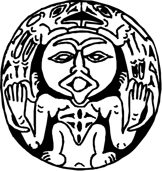 The images show a black and white illustration of an indigenous person's face with intricate patterns on either side, resembling totem poles; one image is rotated 90 degrees from the other to create two different perspectives. There appears to be no text or additional elements in this clip-art style graphic. The art depicts a stylized representation of an indigenous person's face with patterns and symbols that are likely significant within their culture, possibly representing stories or mythology associated with totem poles.