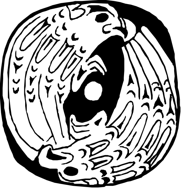 The images show a black and white illustration of an eye with two different patterns around it: on top is a circular pattern resembling fish scales; below that is another design featuring what appears to be stylized waves, possibly representing water currents or oceanic life forms.