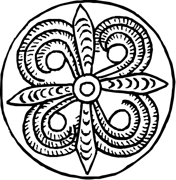 The black and white images show a circular emblem with intricate designs on each side; it appears to be an ancient coin-like object featuring stylized patterns that could represent tribal motifs such as swirls, dots, lines, and possibly floral or abstract shapes within the circles.