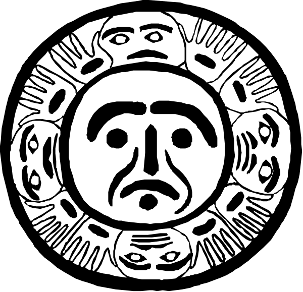 The black and white images show a totem pole with various animal faces on it against two different backgrounds: 1) A dark backdrop where only one face is visible; 2) An intricate patterned design in which multiple human-like figures appear to be looking at the viewer. Both depict indigenous art styles, likely representing a Native American theme with totem pole motifs and animal faces that are common symbols of their culture. The style suggests it could be an illustration or graphic representation rather than a photographic one.