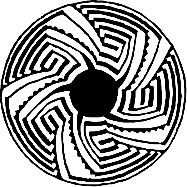 The black and white image shows a maze with intricate patterns resembling an abstract design on it.