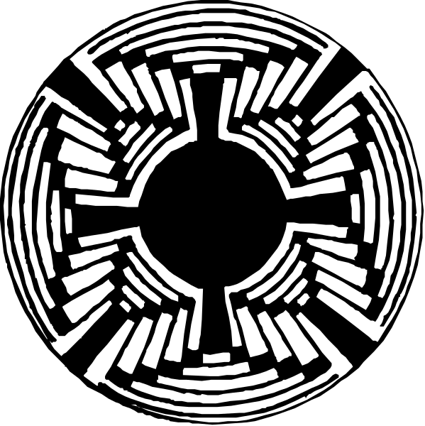 The black and white image shows two mazes with a central circular design resembling an eye within each labyrinthine pattern.