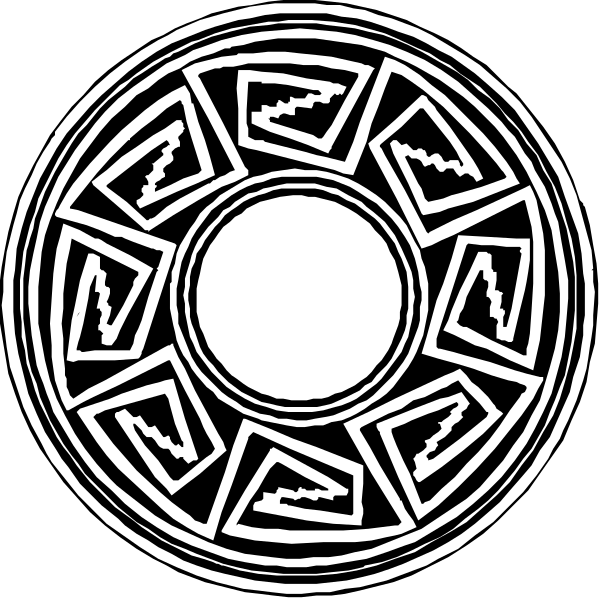 The black and white illustration shows two circular designs with intricate patterns resembling ancient symbols on a dark background; there is no text present in this image.