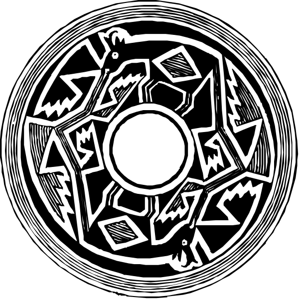 The black and white illustration features two circular designs with intricate patterns resembling tribal motifs; each design has a central circle surrounded by smaller circles containing various shapes like stars and feathers.