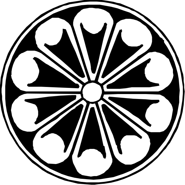 The black and white image shows two circular designs with intricate patterns resembling stained glass windows; each design has a central motif of radiating lines emanating from an inner circle to form symmetrical, star-like shapes around it.