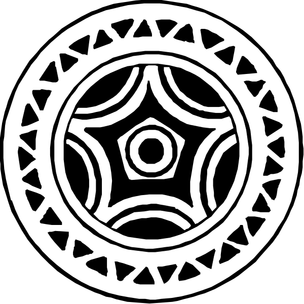 The image shows two stylized symbols: a circular emblem with an intricate design featuring patterns that resemble sun rays around a central circle; above it is another symbol consisting of three concentric circles, each containing different designs and shapes within them.