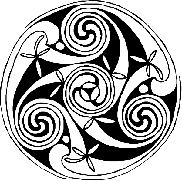 The black and white illustration features a stylized design with swirling patterns that resemble abstract representations of leaves or flowers within an intricate border.