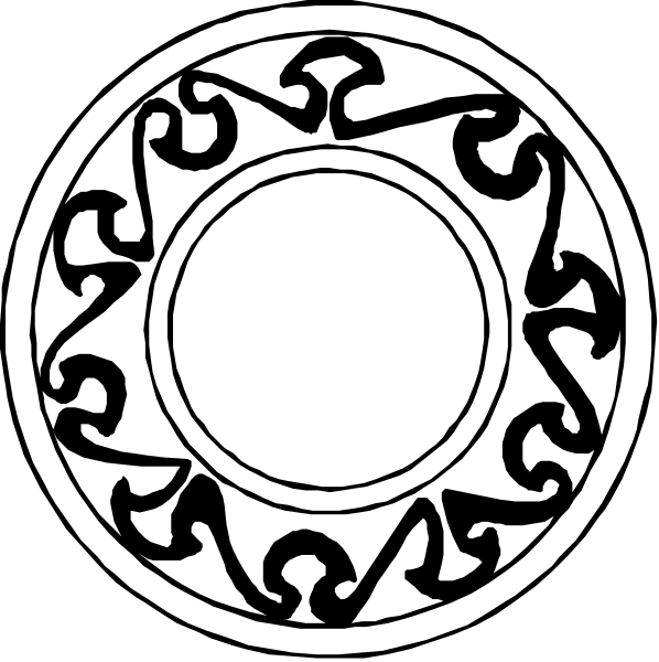 The black and white illustration shows two circular designs with intricate patterns resembling a compass rose motif at their centers; one is larger on top of another smaller circle in an oval shape within it, both set against a dark background.