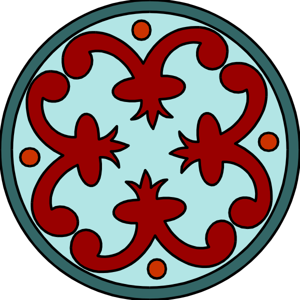 The image shows two stained glass windows with intricate designs featuring red flowers on a blue background.