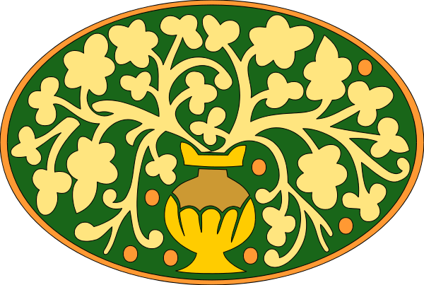 The image shows a stylized Easter egg decoration with intricate designs resembling leaves on either side of an oval shape in the center that contains what appears to be a tree design inside it.