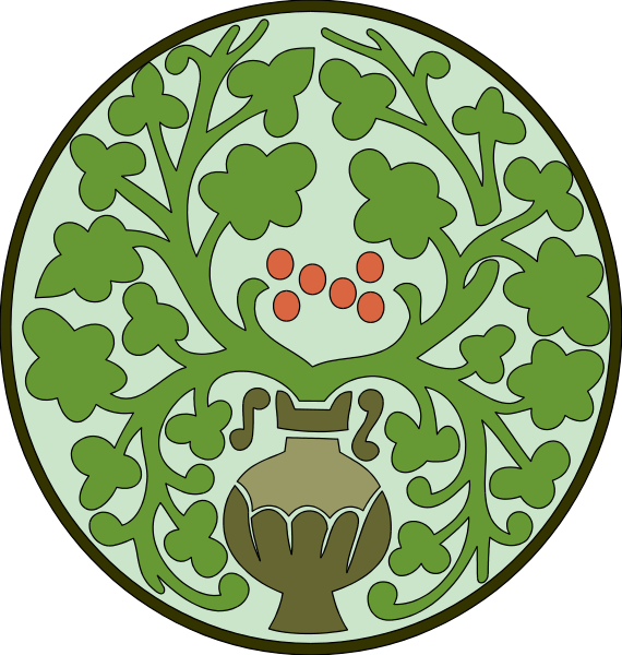 The images show two circular designs with a nature theme: on top left, there is an illustration of tree branches adorned with red berries; below it to its right, another circle features green leaves surrounding what appears to be a vase and some decorative elements resembling flowers or plants.