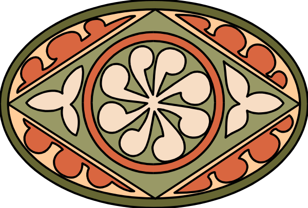 The image shows a stained glass window with intricate designs featuring floral patterns within an oval frame on top of what appears to be a rectangular base adorned by two symmetrical flower motifs at each end, all set against a dark background that contrasts sharply with the colorful design.