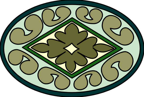 The image shows a stylized decorative tile with intricate patterns featuring floral motifs on an oval background within two rectangular borders; one border is green while the other has gold accents around it, and there's no text present in this clip-art illustration.