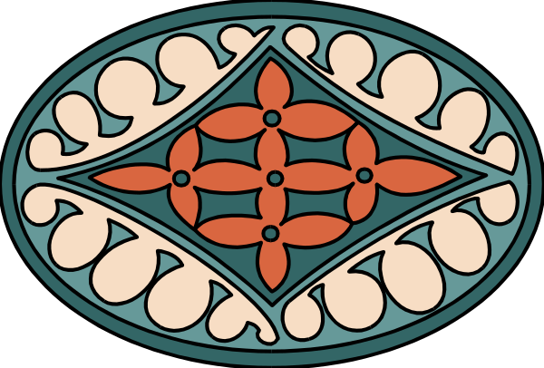 The image shows a stained glass window with intricate designs featuring geometric shapes such as diamonds and circles within an oval frame.