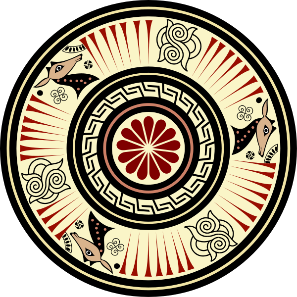 The image shows a stylized plate with an intricate design featuring geometric patterns, including red circles within concentric rings around a central motif that resembles a sunburst pattern in shades of pink and white on top of what appears to be blue backgrounds at each end.