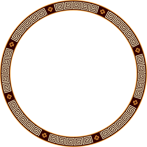 The image shows a circular wreath with an intricate design featuring red lines that create patterns resembling ancient Greek keyakia motifs on its border; it is set against a black background.