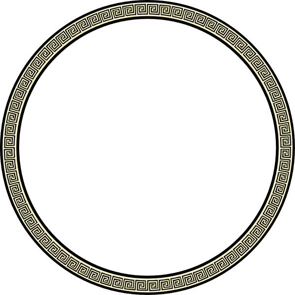 The image shows two interlocking circles with a Greek key design on their borders against a black background.