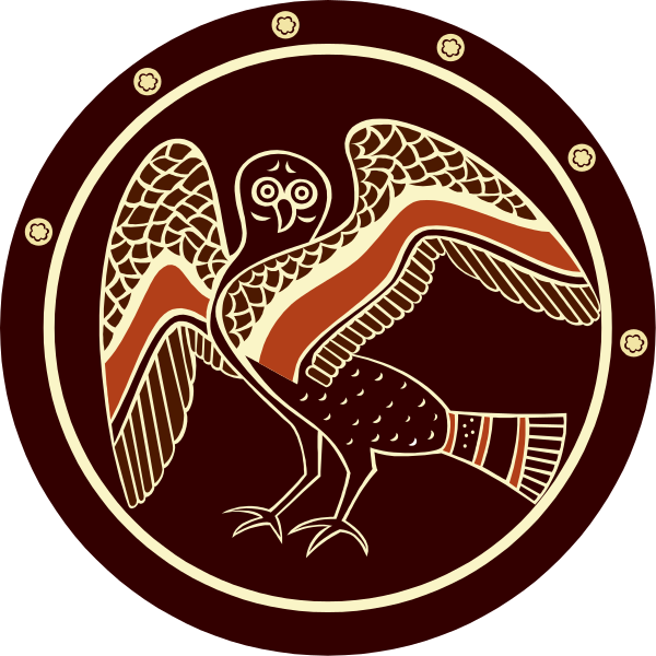 The image shows a stylized depiction of an owl with outstretched wings on what appears to be a circular emblem featuring tribal-style patterns around it; there is no text present in this clip-art illustration, which focuses solely on these elements without any additional context or background.