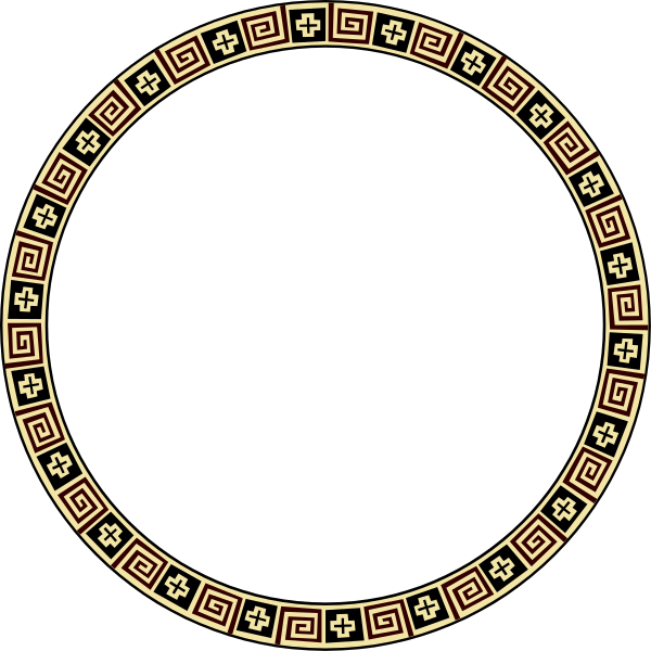 The image shows a black background with two concentric circles featuring intricate gold designs resembling ancient Greek key patterns on their borders; there is no text present in this clip-art illustration.