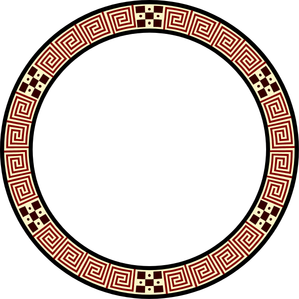 The image shows two circular designs with a red border featuring an intricate pattern of white lines that resemble ancient Greek keyak patterns inside them on what appears to be black backgrounds.