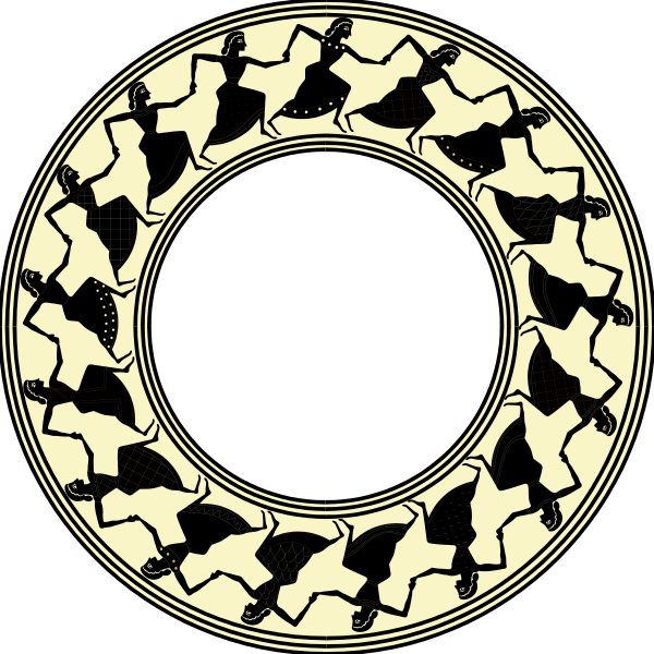 The image shows two circular designs with a decorative border featuring stylized birds; each circle has an open center revealing another design within it that includes more intricate patterns of lines and shapes resembling abstract representations of animals, possibly fish or other aquatic creatures.